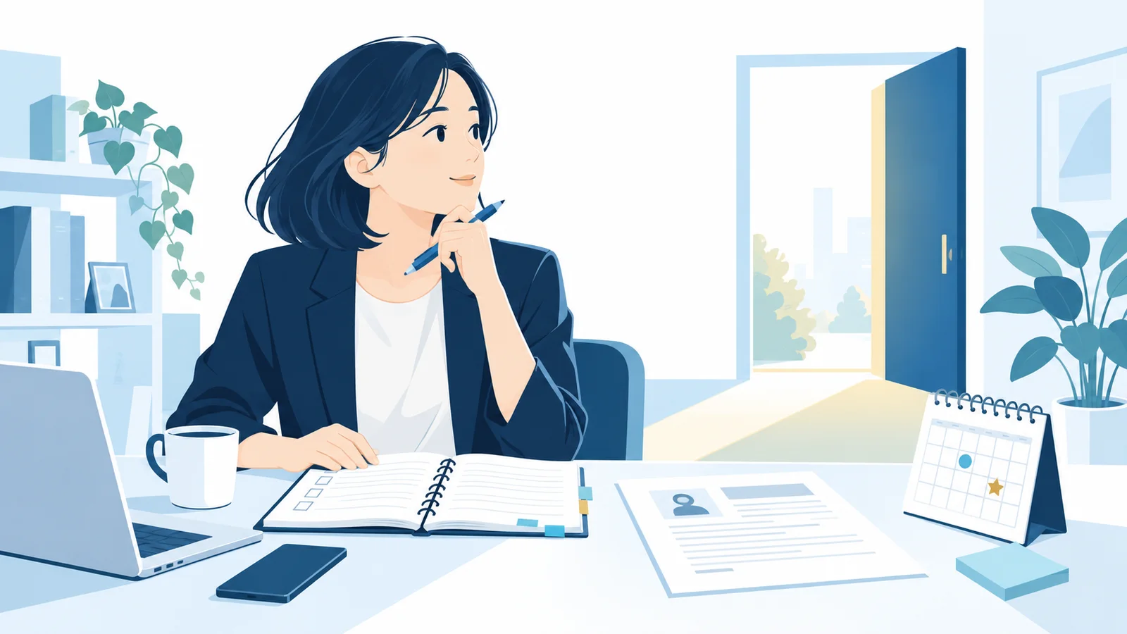 在職中にノートや履歴書、予定を整理して転職の準備をするイラスト