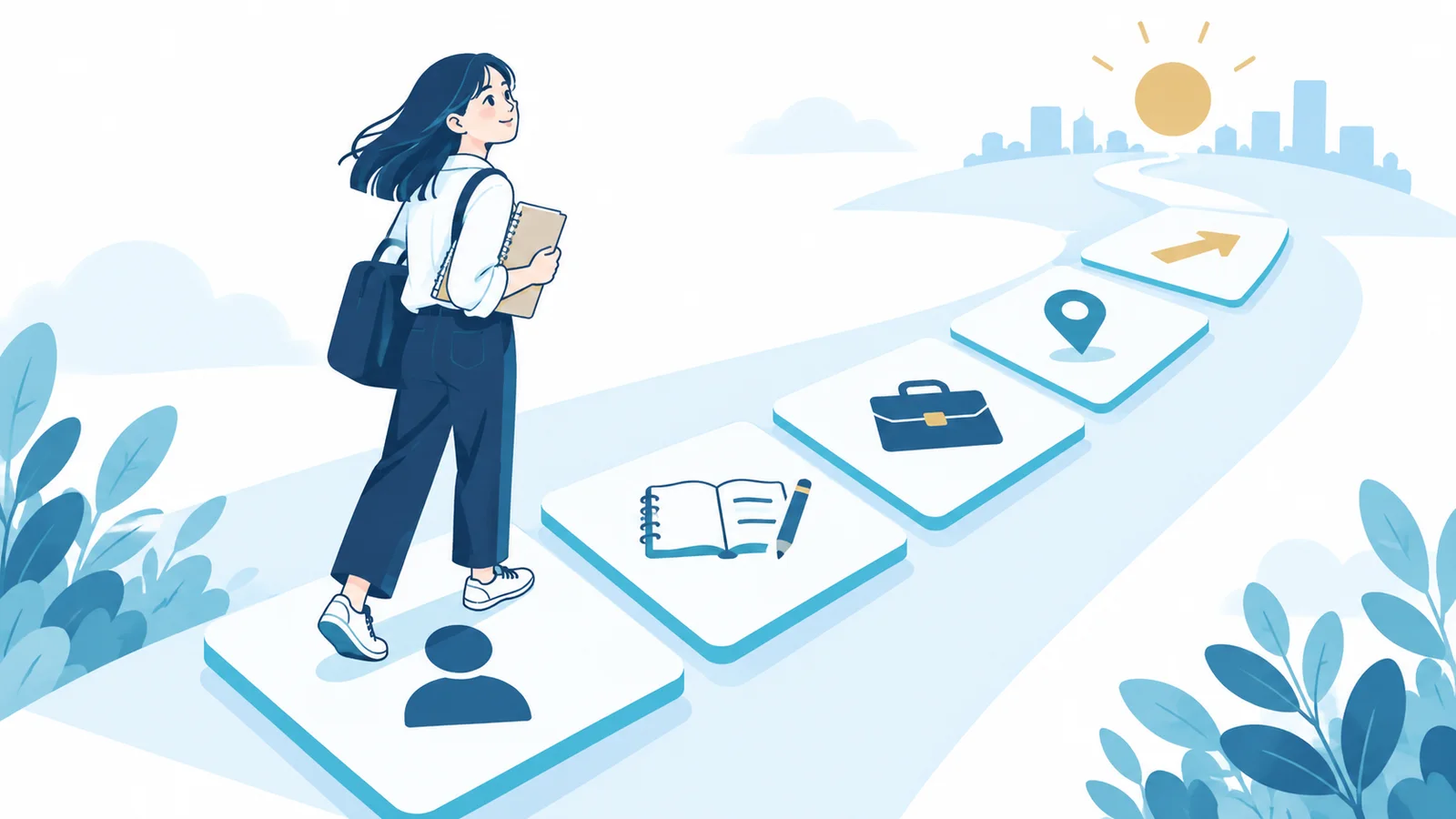 学生が自分の経験や希望を整理しながら就活の5つのステップを進めるイラスト