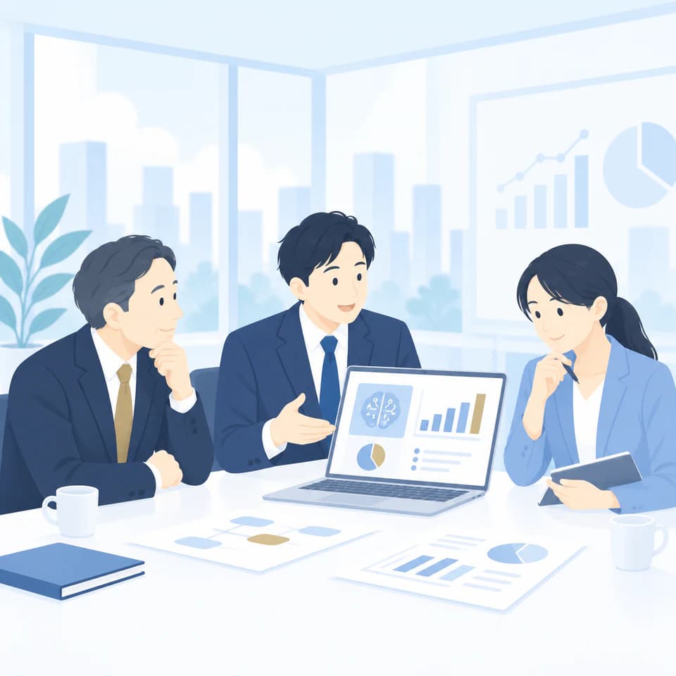 経営課題を生成AIで整理する打ち合わせのイラスト