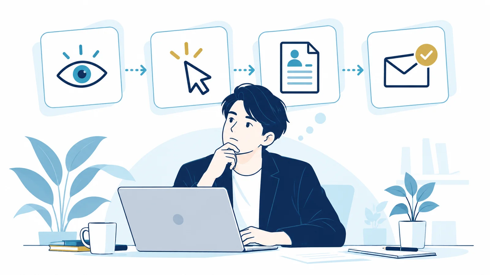 求人の表示、閲覧、応募開始、応募完了の流れを確認するイラスト