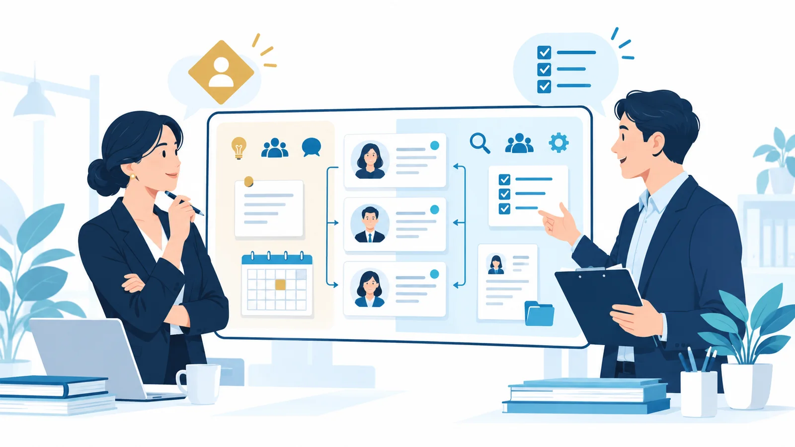 企業の採用担当者と外部パートナーが役割を分けて採用業務を進めるイラスト