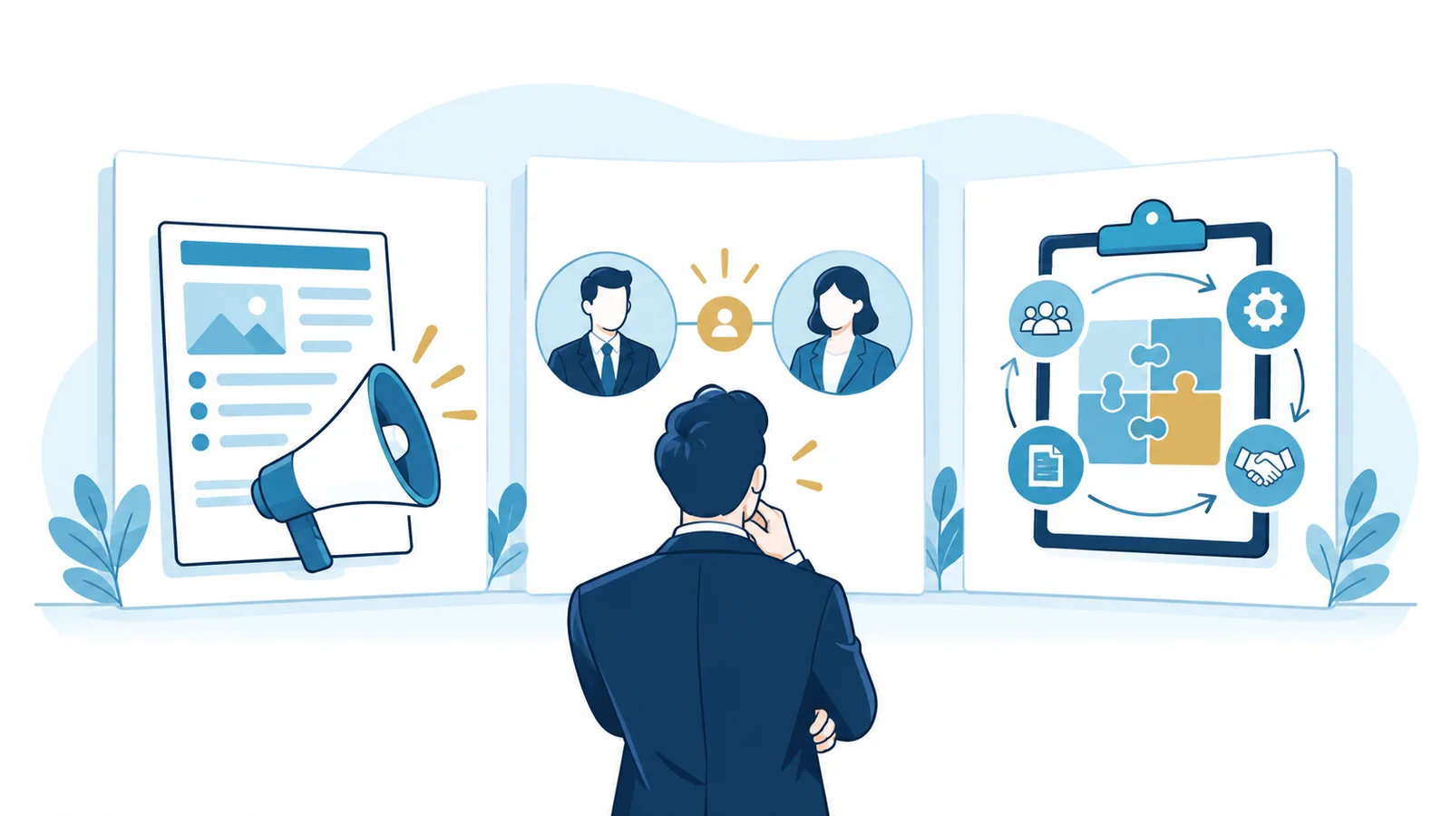 求人運用、人材紹介、RPOの3つの採用支援を比較するイラスト