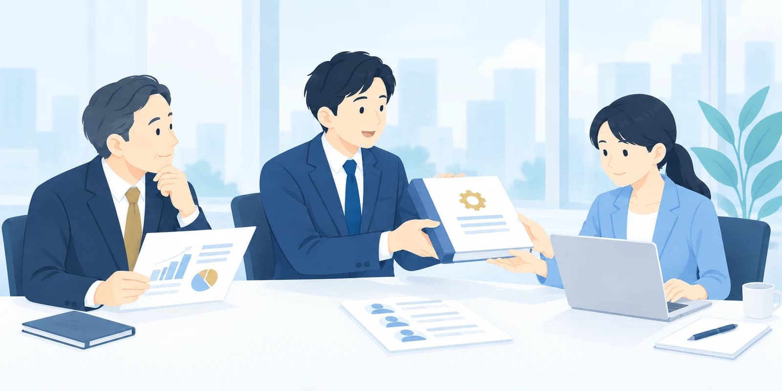 経営者と社内採用担当者の間で、採用運用マニュアルを引き継ぐReCU担当者