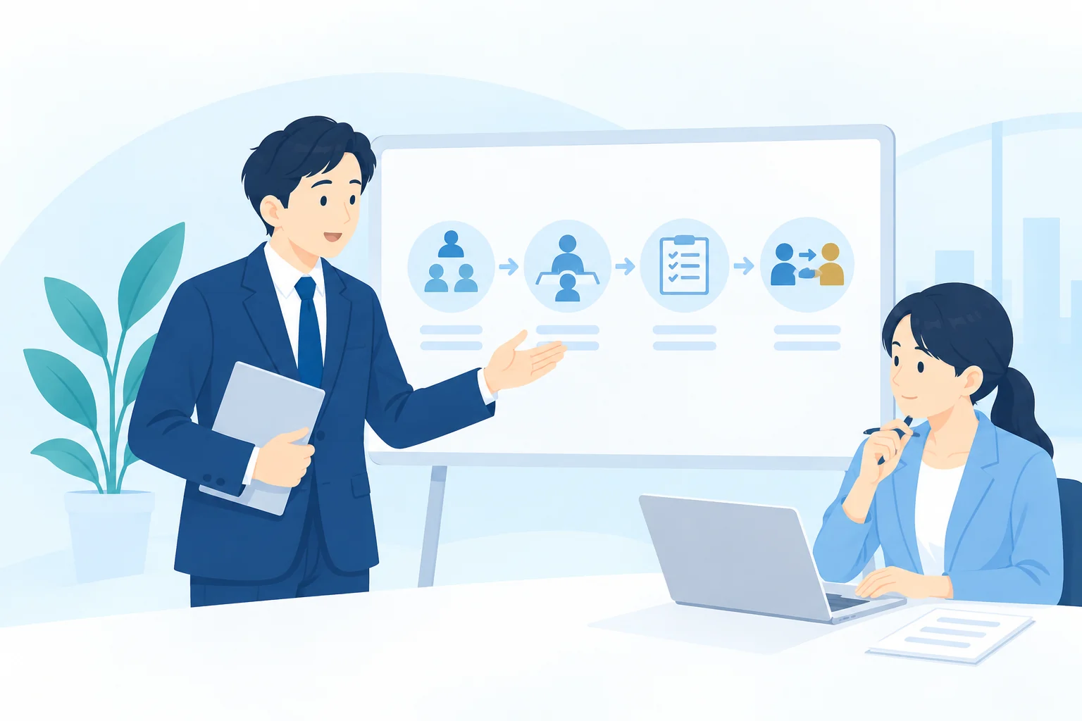 採用業務を整理し、社内で運用できる仕組みを企業担当者と設計するReCU担当者