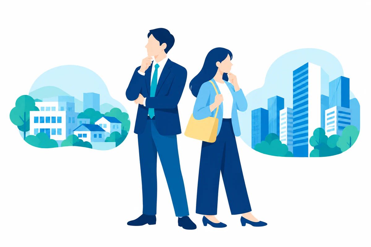 地元と県外の選択肢を前向きに考える二人のイラスト